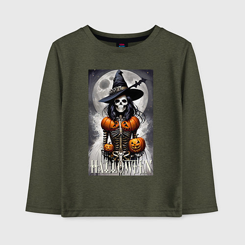 Детский лонгслив Witch - skeleton - halloween / Меланж-хаки – фото 1