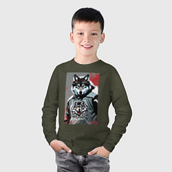 Лонгслив хлопковый детский Волчара - крутой хоккеист - нейросеть, цвет: меланж-хаки — фото 2
