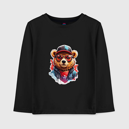 Детский лонгслив Модный медведь в кепке и в очках / Черный – фото 1