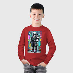 Лонгслив хлопковый детский Кибер-панда в неоновом городе - нейросеть, цвет: красный — фото 2