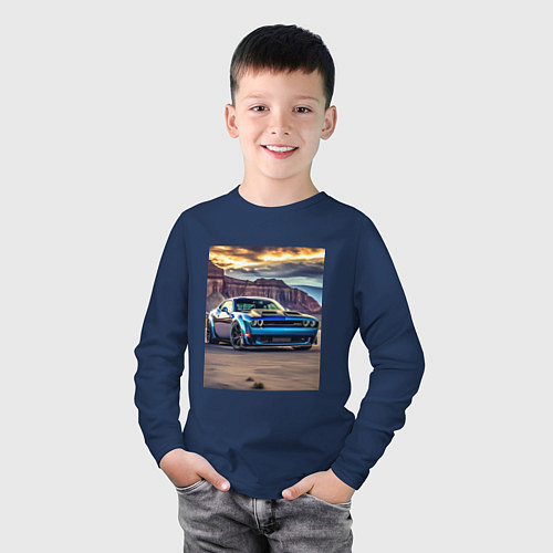 Детский лонгслив Авто Додж Челленджер / Тёмно-синий – фото 3