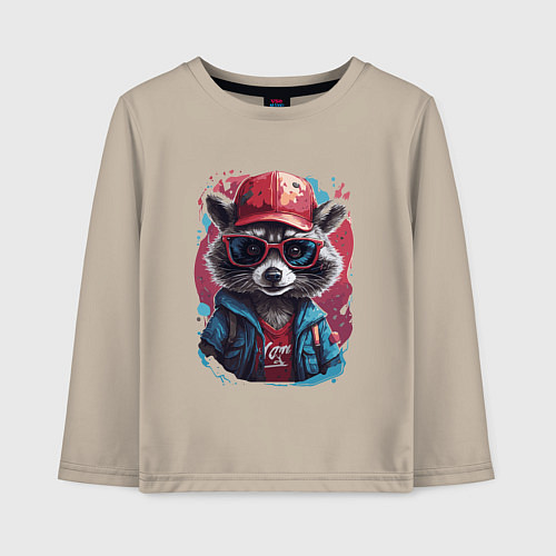Детский лонгслив Енот в очках и кепке / Миндальный – фото 1