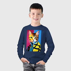 Лонгслив хлопковый детский Портрет модного кота - поп-арт, цвет: тёмно-синий — фото 2