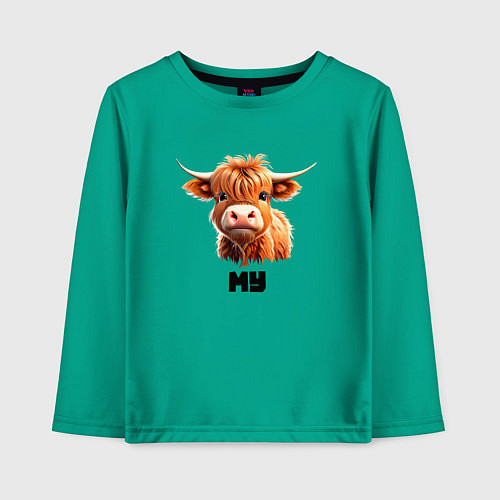 Детский лонгслив Милый мохнатый теленок / Зеленый – фото 1