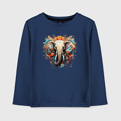 Лонгслив хлопковый детский Слон в цветах - хиппи арт принт, цвет: тёмно-синий