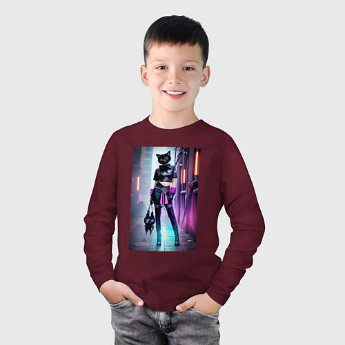 Детский лонгслив Крутая модная кисуля в ночном Бронксе - нейросеть / Меланж-бордовый – фото 3