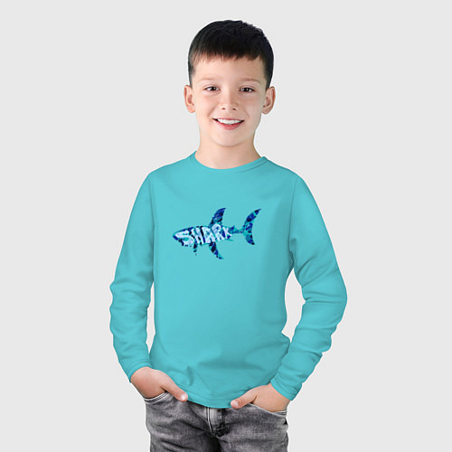 Детский лонгслив Акула из мозаики цвета моря с надписью shark / Бирюзовый – фото 3