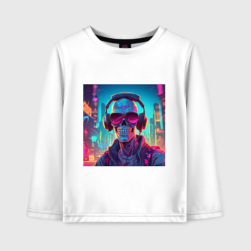 Детский лонгслив Скелет в больших очках и наушниках / Белый – фото 1