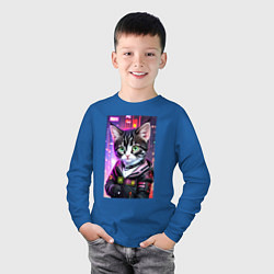 Лонгслив хлопковый детский Глазастый городской котёнок, цвет: синий — фото 2