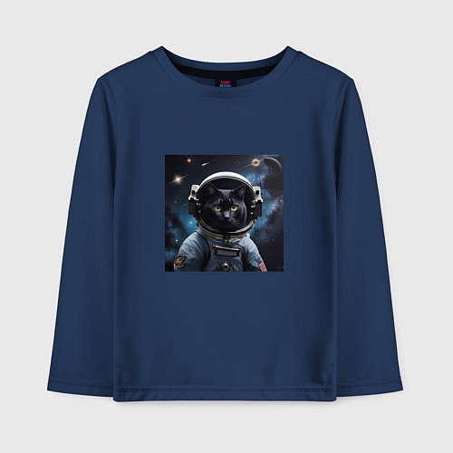 Детский лонгслив Черный котик космонавт / Тёмно-синий – фото 1