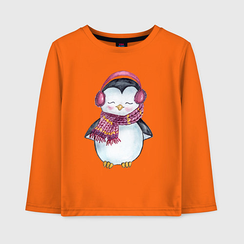 Детский лонгслив Милый пингвин в наушниках / Оранжевый – фото 1