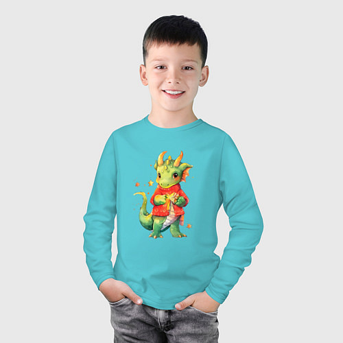 Детский лонгслив Милый дракончик в свитере / Бирюзовый – фото 3