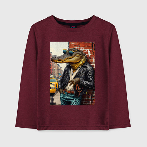 Детский лонгслив Крутой крокодил в Нью-Йорке - нейросеть / Меланж-бордовый – фото 1