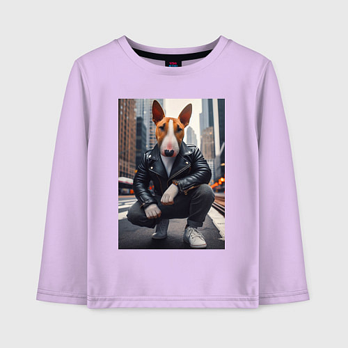 Детский лонгслив Булли на улице Нью-Йорка - нейросеть / Лаванда – фото 1