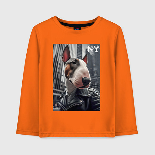 Детский лонгслив Dude bull terrier in New York - ai art / Оранжевый – фото 1