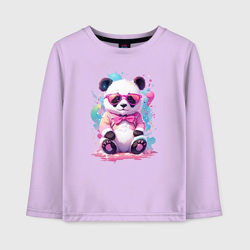 Детский лонгслив Милая панда в розовых очках и бантике / Лаванда – фото 1