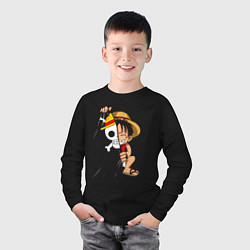 Лонгслив хлопковый детский One Piece Луффи флаг, цвет: черный — фото 2