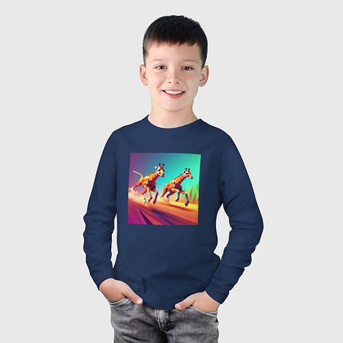 Детский лонгслив Два бегущих жирафа в стиле кубизма / Тёмно-синий – фото 3