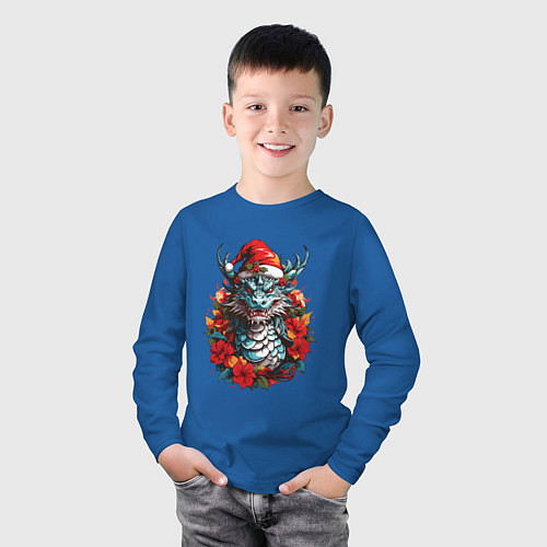 Детский лонгслив Дракон в шапке Санта Клауса / Синий – фото 3