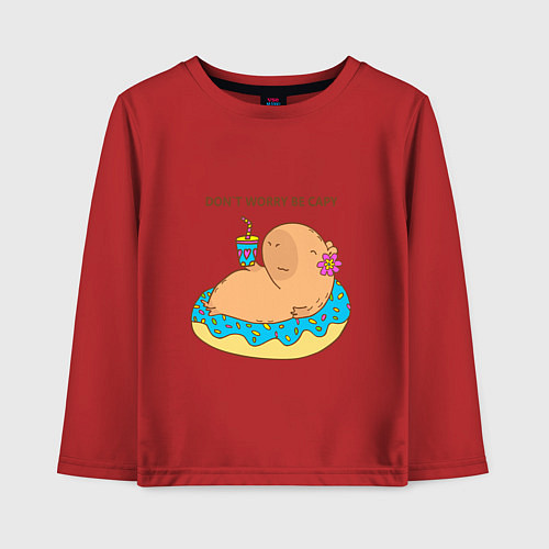 Детский лонгслив Капибара с пончиком dont worry be capy / Красный – фото 1