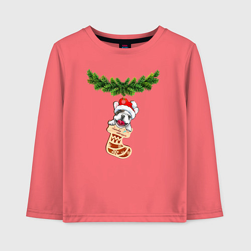 Детский лонгслив Новогодний французский бульдог в носке игрушка / Коралловый – фото 1
