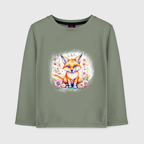 Детский лонгслив Милый большеухий лисенок сидит в цветах / Авокадо – фото 1