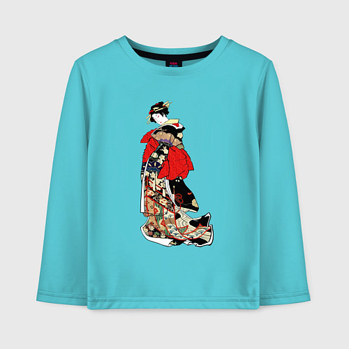Детский лонгслив Дама с красным поясом и красным веером / Бирюзовый – фото 1