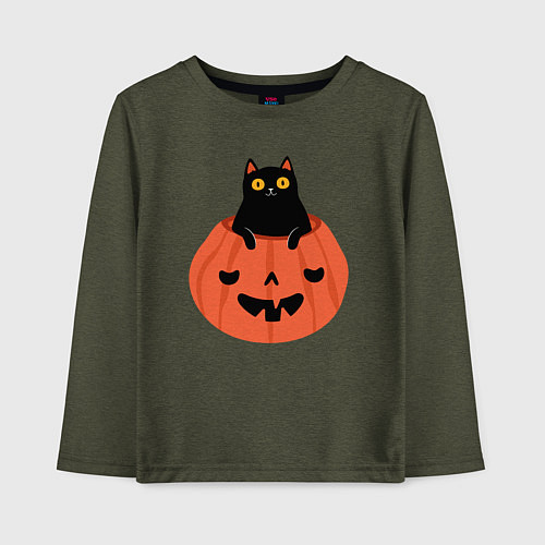 Детский лонгслив Котик в тыкве / Меланж-хаки – фото 1