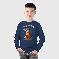 Лонгслив хлопковый детский Рождественский котик, цвет: тёмно-синий — фото 2