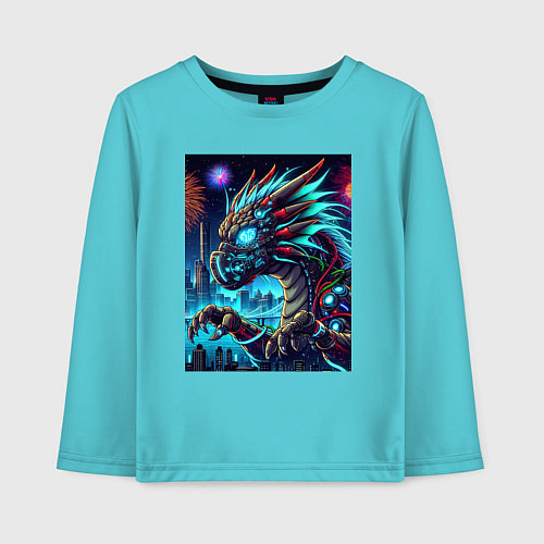 Детский лонгслив Cyber dragon - ai art neon / Бирюзовый – фото 1