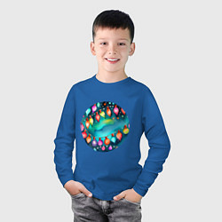Лонгслив хлопковый детский Новогодние гирлянды акварель, цвет: синий — фото 2