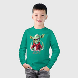 Лонгслив хлопковый детский Дракончик с блокнотом и снегом на голове, цвет: зеленый — фото 2