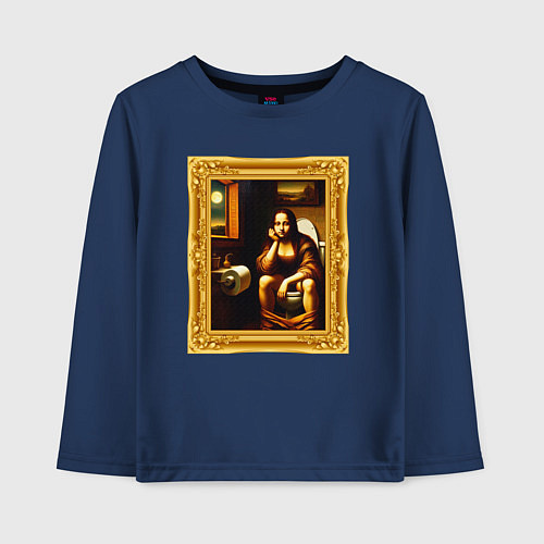 Детский лонгслив Нейросеть - Мона Лиза в туалете картина прикол / Тёмно-синий – фото 1