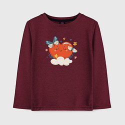 Лонгслив хлопковый детский Сердечко с бабочками парит в облаках, цвет: меланж-бордовый