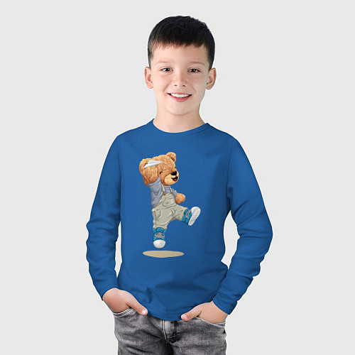 Детский лонгслив Плюшевый медведь с самолетиком / Синий – фото 3