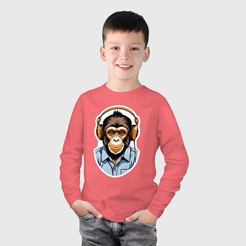 Детский лонгслив Портрет обезьяны в наушниках / Коралловый – фото 3