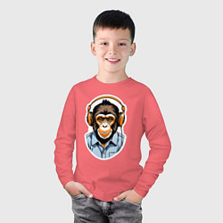 Лонгслив хлопковый детский Портрет обезьяны в наушниках, цвет: коралловый — фото 2