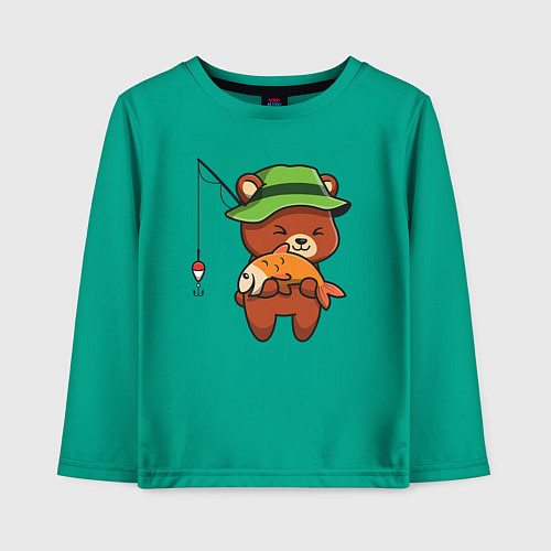 Детский лонгслив Мишка рыбак / Зеленый – фото 1
