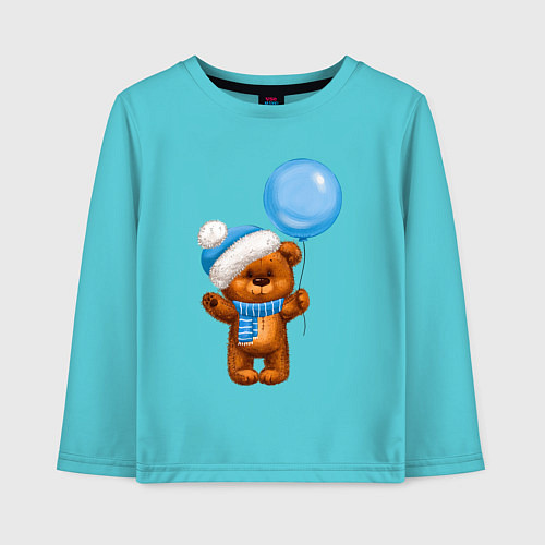 Детский лонгслив Плюшевый мишка с голубым воздушным шариком / Бирюзовый – фото 1