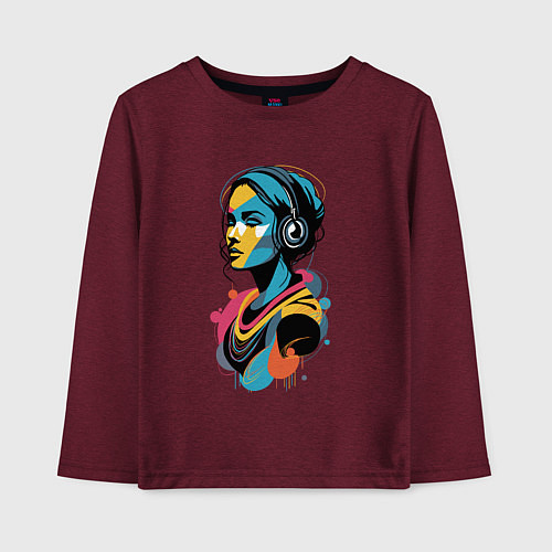 Детский лонгслив Девушка и музыка / Меланж-бордовый – фото 1
