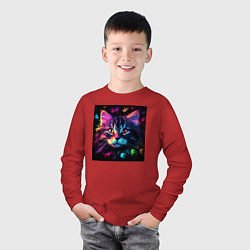 Лонгслив хлопковый детский Неоновый котэ в цветах на черном фоне, цвет: красный — фото 2