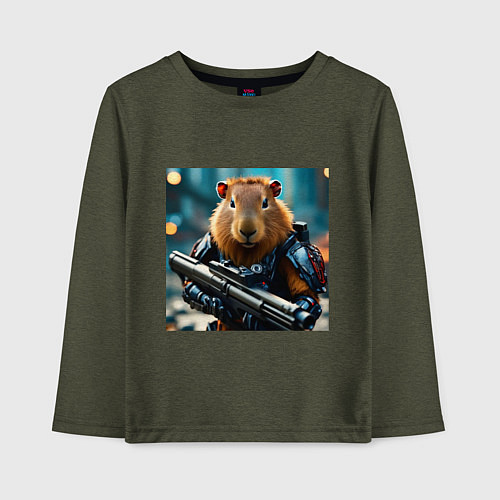 Детский лонгслив Мем вооруженная капибара и автомат / Меланж-хаки – фото 1