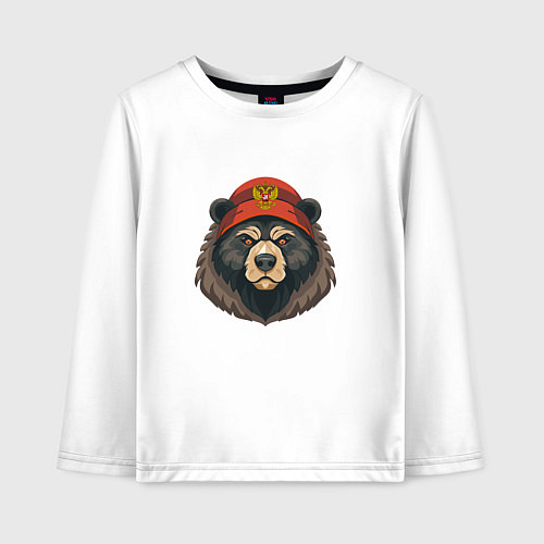 Детский лонгслив Русский медведь в шапке с гербом / Белый – фото 1