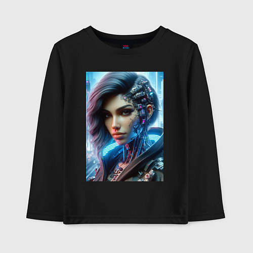 Детский лонгслив Cyber girl - ai art / Черный – фото 1