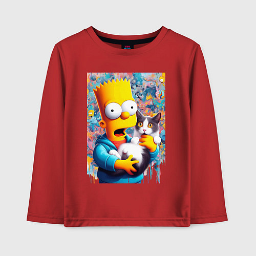 Детский лонгслив Bart Simpson with a kitten - ai art / Красный – фото 1