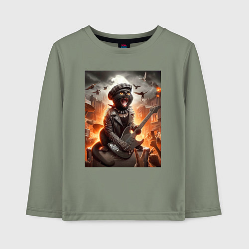 Детский лонгслив Чёрный котик играет на гитаре - нейросеть / Авокадо – фото 1