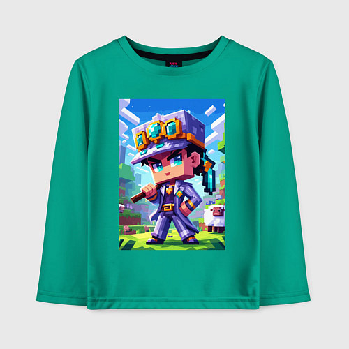 Детский лонгслив Джотаро Куджо и Майнкрафт - коллаба нейросеть / Зеленый – фото 1