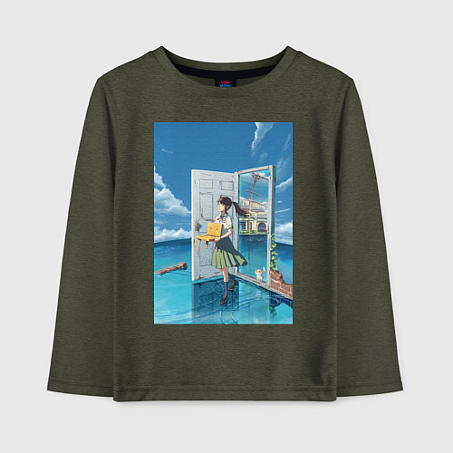 Детский лонгслив Судзумэ стульчик дайдзин / Меланж-хаки – фото 1