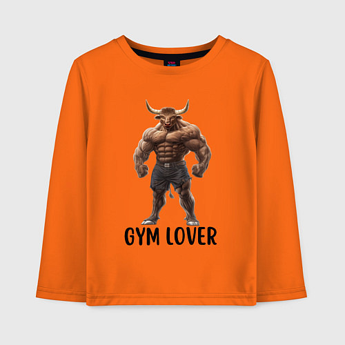 Детский лонгслив Фитнес тренер бык - любовь к тренажерам / Оранжевый – фото 1