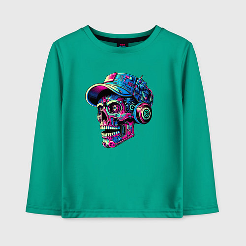 Детский лонгслив Кибер череп чувак в наушниках - нейросеть / Зеленый – фото 1